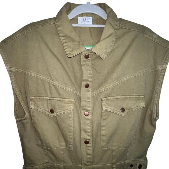 BOBBLES AND LACE WOMEN TAN DENIM JUMPSUIT SLEEVELESS WOMEN‎ LARGE SNAP POCKETS - Picture 5 of 13